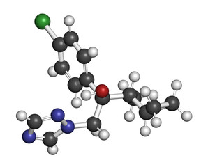 Cyproconazole fungicide molecule. 3D rendering. Atoms are represented as spheres with conventional color coding: hydrogen (white), carbon (grey), nitrogen (blue), oxygen (red), chlorine (green).