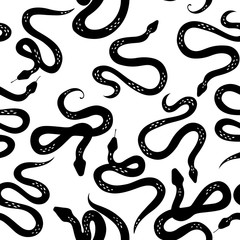 Seamless pattern with various snakes or serpents on light background. Botanical background on tropical theme. Black and white snake. Flat design for fabric, textile, wrapping paper, wallpaper.