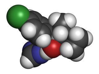 Cyproconazole fungicide molecule. 3D rendering. Atoms are represented as spheres with conventional color coding: hydrogen (white), carbon (grey), nitrogen (blue), oxygen (red), chlorine (green).