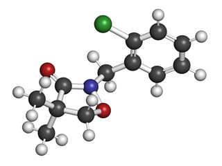 Clomazone herbicide molecule. 3D rendering. Atoms are represented as spheres with conventional color coding: hydrogen (white), carbon (grey), nitrogen (blue), oxygen (red), chlorine (green).