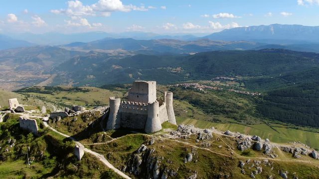 rocca calascio fortress aerial view drone fly around,abruzzo italy