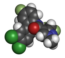 Bixafen fungicide molecule. 3D rendering. Atoms are represented as spheres with conventional color coding: hydrogen (white), carbon (grey), nitrogen (blue), oxygen (red), etc