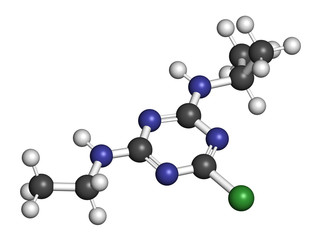 Atrazine broadleaf herbicide molecule. 3D rendering. Atoms are represented as spheres with conventional color coding: hydrogen (white), carbon (grey), nitrogen (blue), chlorine (green).