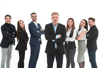 Confident business team stands over white backgound