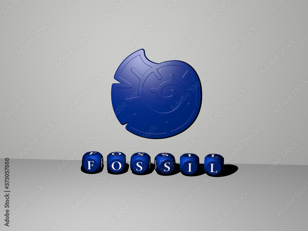 Poster fossil 3d icon on the wall and text of cubic alphabets on the floor, 3d illustration