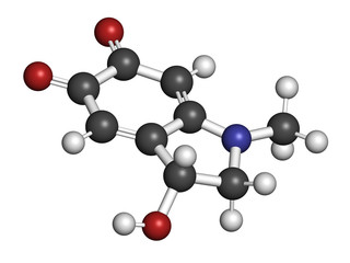Adrenochrome molecule. Oxidation product of adrenaline. 3D rendering. Atoms are represented as spheres with conventional color coding: hydrogen (white), carbon (grey), nitrogen (blue), oxygen (red).
