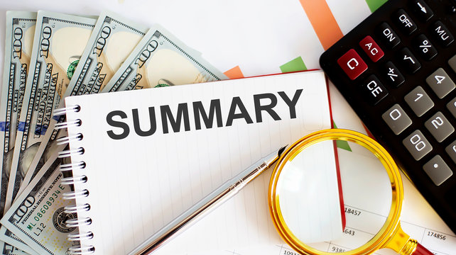 Word writing text SUMMARY . Business concept with chart, dollars and office tools