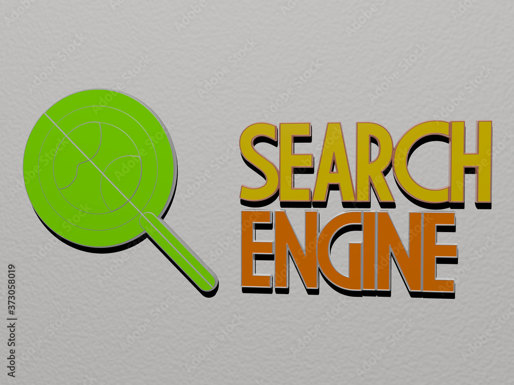 Poster 3d graphical image of search engine vertically along with text built by metallic cubic letters from 