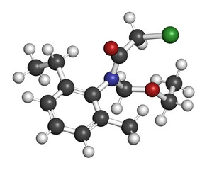 Acetochlor herbicide molecule. 3D rendering. Atoms are represented as spheres with conventional color coding: hydrogen (white), carbon (grey), nitrogen (blue), oxygen (red), chlorine (green).