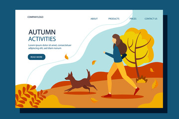 Woman running with the dog in the park. Conceptual illustration of outdoor recreation, active pastime. Autumn vector illustration in flat style.