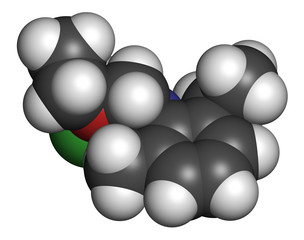 Acetochlor herbicide molecule. 3D rendering. Atoms are represented as spheres with conventional color coding: hydrogen (white), carbon (grey), nitrogen (blue), oxygen (red), chlorine (green).