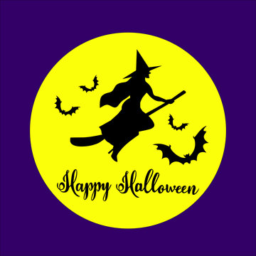 Happy Halloween postcard with Witch silhouette flying on Broomstick in front of the moon.