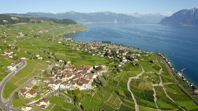 Overflying The Lavaux Vineyard Terraces Near Grandvaux And Cully Villages, With A View Of Lake Geneva On A Sunny Day In Vaud, Switzerland -  aerial drone