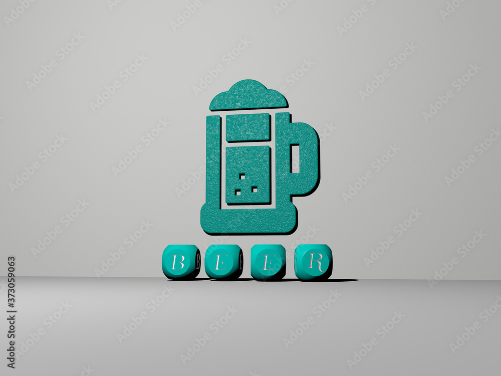 Poster 3d representation of beer with icon on the wall and text arranged by metallic cubic letters on a mir