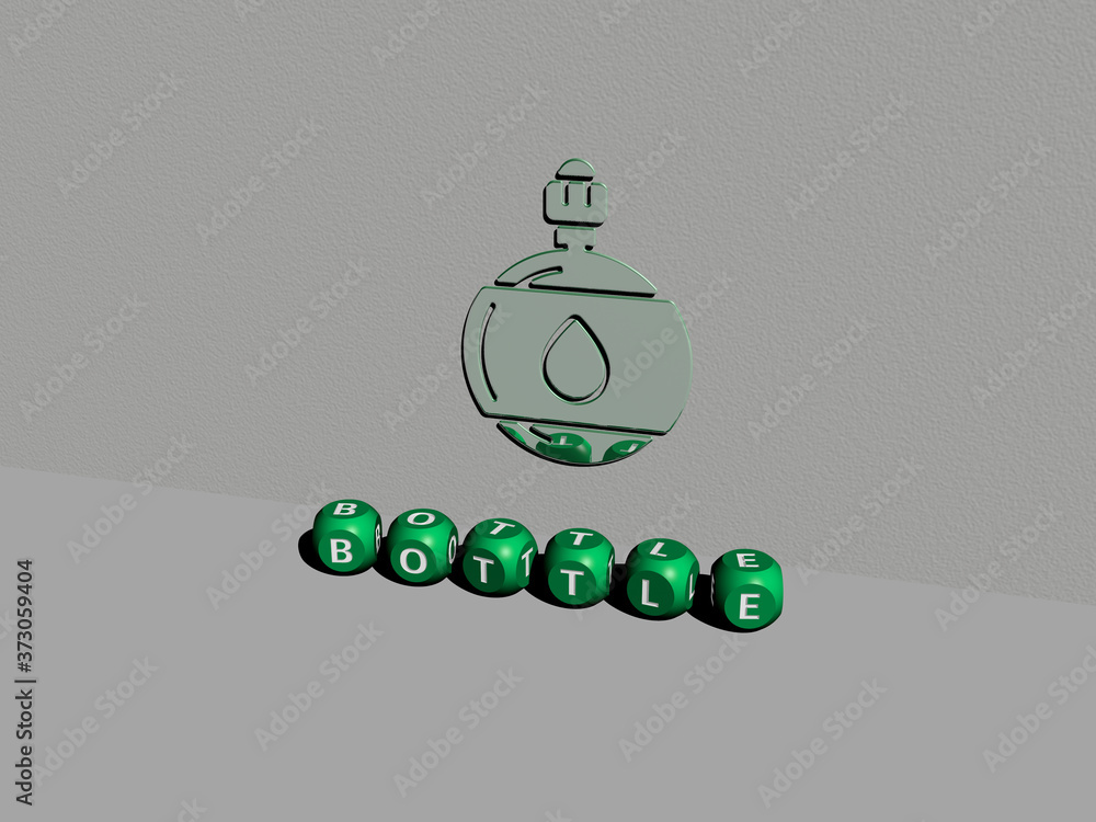 Poster 3d representation of bottle with icon on the wall and text arranged by metallic cubic letters on a m