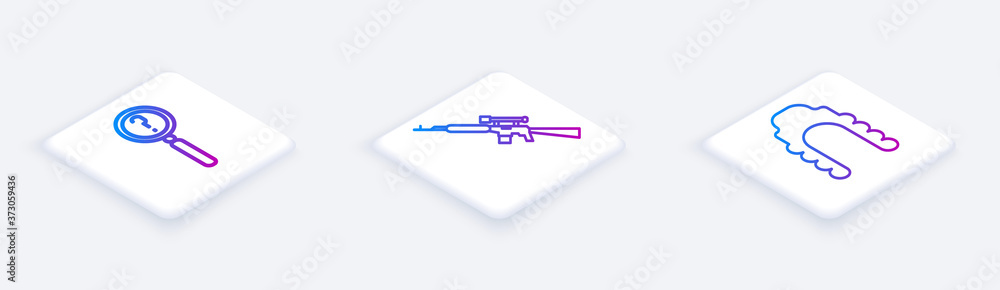 Wall mural set isometric line magnifying glass with search, sniper rifle with scope and judge wig. white square