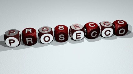 prosecco text by dancing dice letters, 3D illustration
