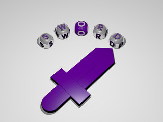 sword circular text of separate letters around the 3D icon, 3D illustration