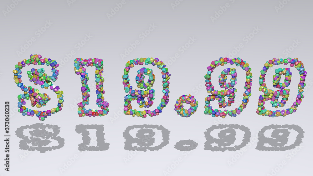 Poster $19: 3d illustration of the text made of small objects over a white background with shadows, 3d illu