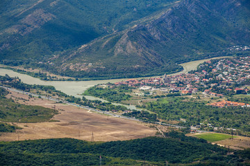 Beautiful view of the old town of Mtskheta from the Zedazeni mountain in Georgia