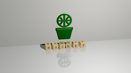basket text of cubic dice letters on the floor and 3D icon on the wall, 3D illustration