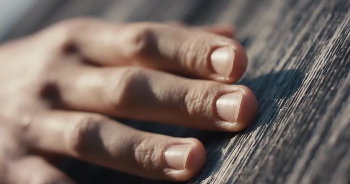 Female hand touch or pet old wooden roof traditional cottage covering made of larch wood Larix decidua sun light unrecognizable slowmotion macro close up