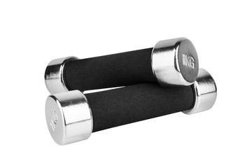 Two 1 kilogram dumbbells on white background isolated close up, metal barbells with black handle set, pair fitness bar-bells, sport equipment, bodybuilding concept, healthy lifestyle, gym training