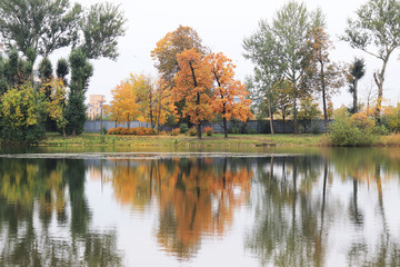 Autumn Park with yellow and red leaves on trees and lake