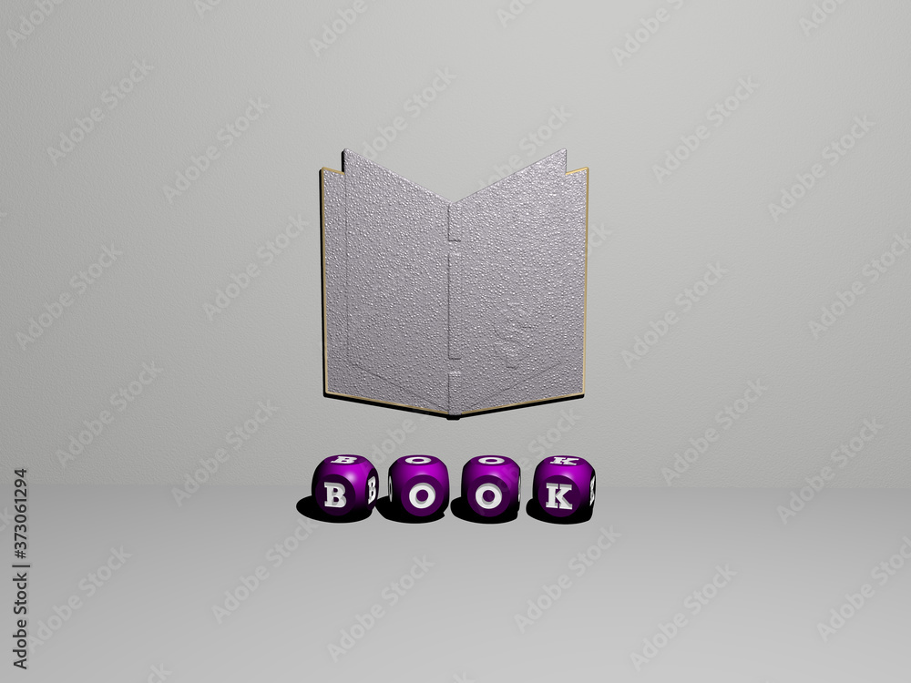 Poster 3d graphical image of book vertically along with text built by metallic cubic letters from the top p