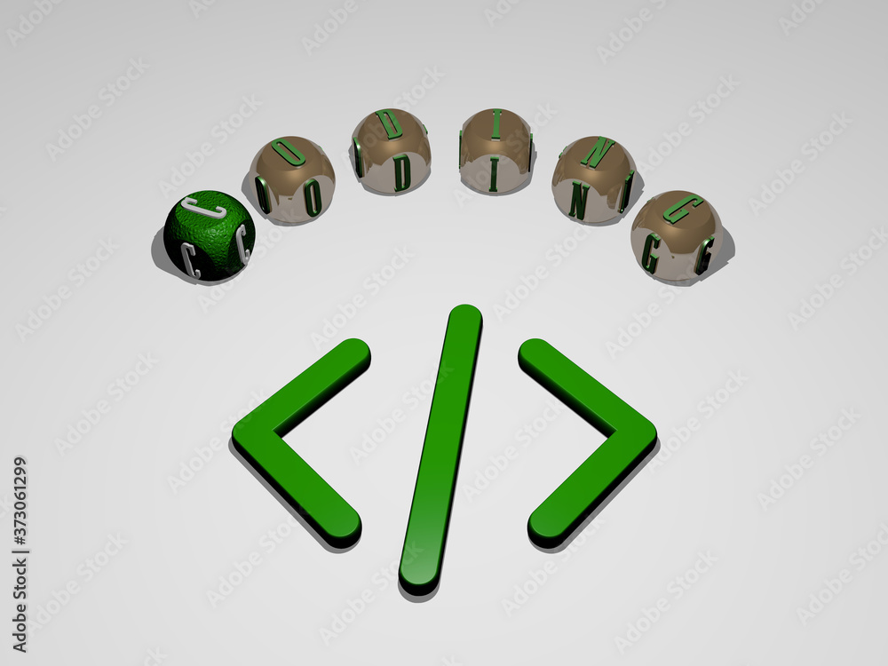 Poster coding circular text of separate letters around the 3d icon, 3d illustration