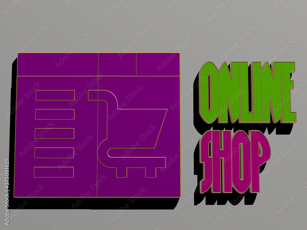 Poster 3d graphical image of online shop vertically along with text built by metallic cubic letters from th