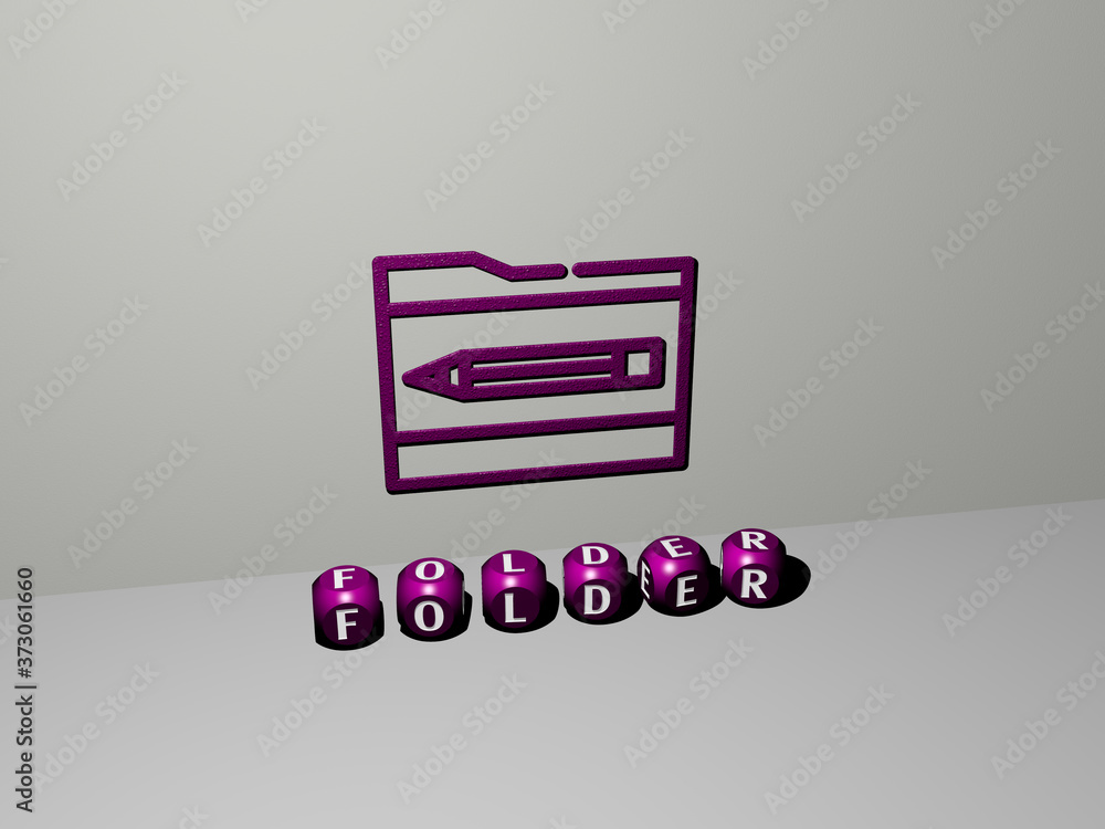 Poster 3d graphical image of folder vertically along with text built by metallic cubic letters from the top