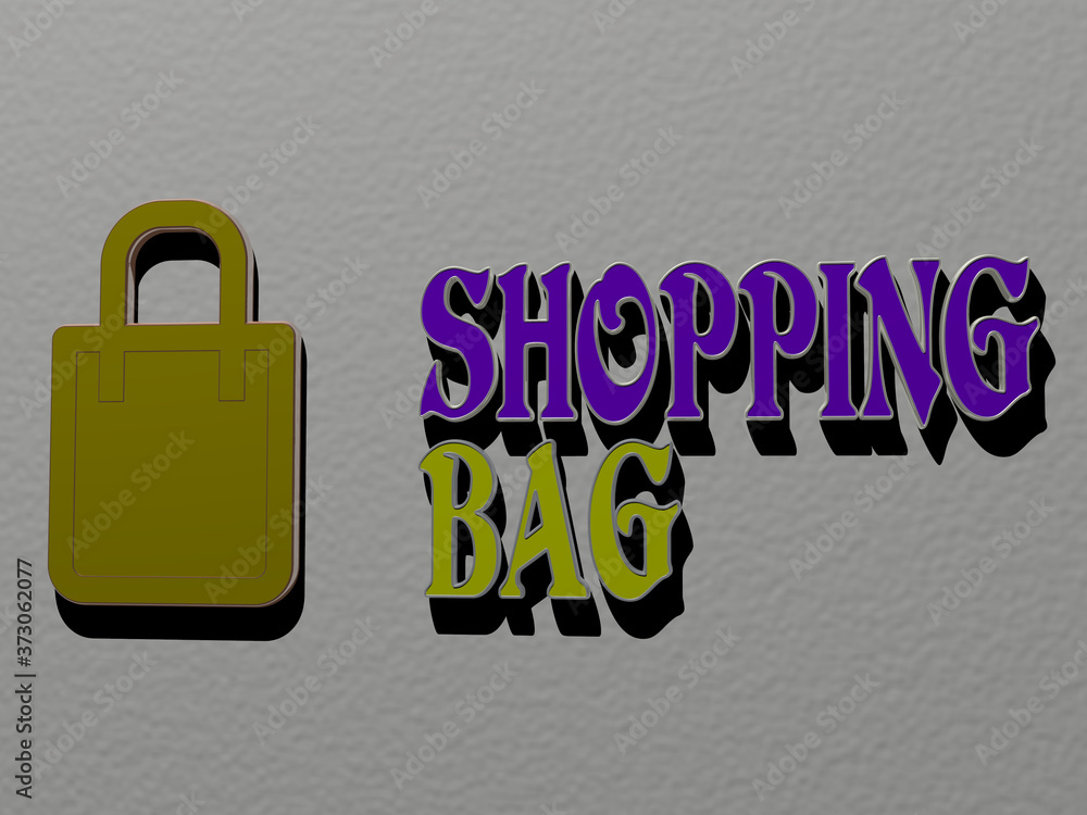 Poster 3d representation of shopping bag with icon on the wall and text arranged by metallic cubic letters 