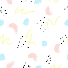 Fototapeta na wymiar Seamless pattern with watercolor splashes. Brush stroke, dots, stains. Vector artwork. Memphis vintage, retro style. Child, kid cute sketch drawing. Pink, purple, black, yellow, white color