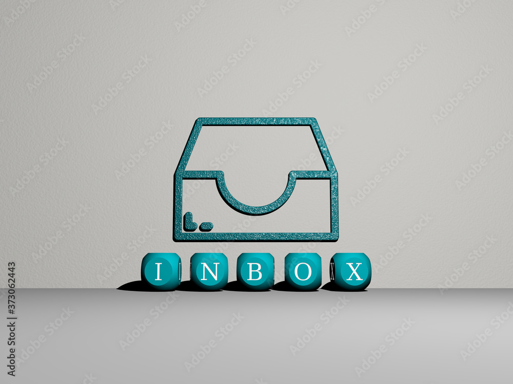 Poster 3d representation of inbox with icon on the wall and text arranged by metallic cubic letters on a mi