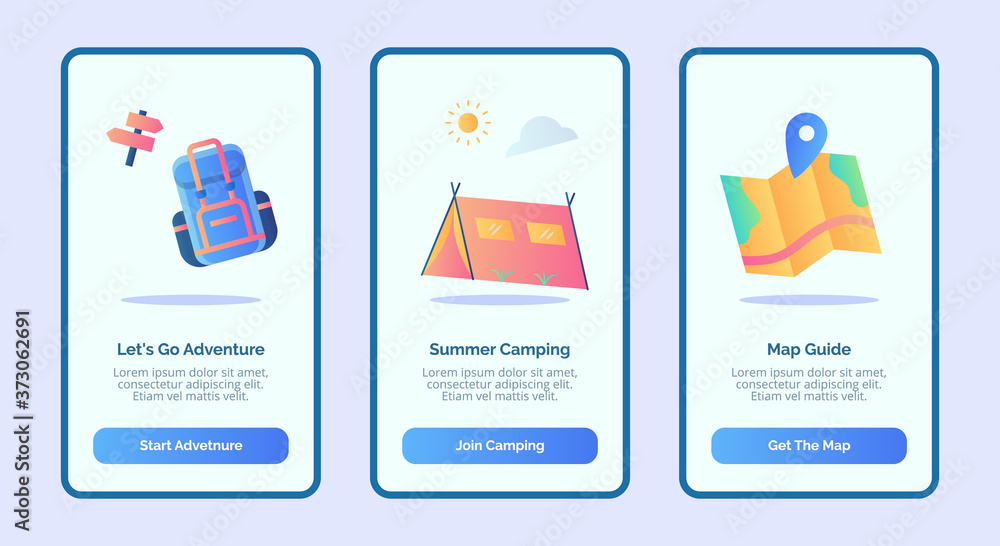 Aufkleber Let's go adventure summer camping map guide for mobile apps template banner page UI with three variations modern flat color style.