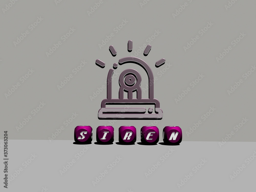 Poster 3d graphical image of siren vertically along with text built by metallic cubic letters from the top 
