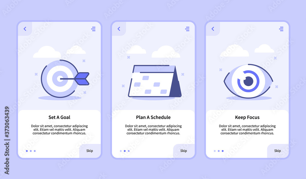 Poster set a goal plan a schedule keep focus onboarding screen for mobile apps template banner page ui with