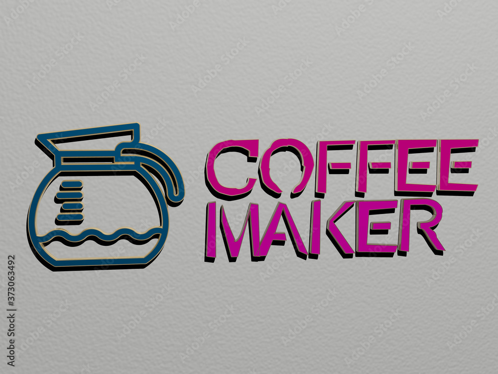 Poster 3d illustration of coffee maker graphics and text made by metallic dice letters for the related mean