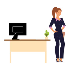 Businesswoman cartoon with file and computer on desk vector design