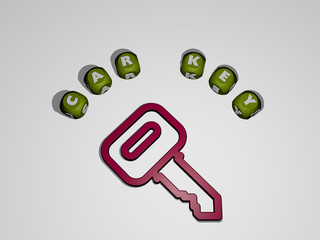 car key icon surrounded by the text of individual letters, 3D illustration