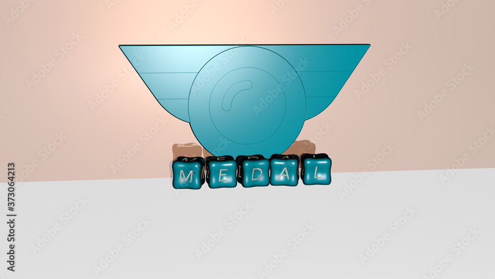Poster 3d representation of medal with icon on the wall and text arranged by metallic cubic letters on a mi