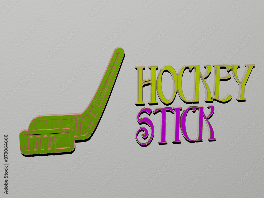Poster 3d graphical image of hockey stick vertically along with text built by metallic cubic letters from t