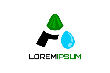 Vector logo with illustration of green mountain and water drops.