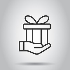 Gift box icon in flat style. Present on hand vector illustration on white isolated background. Surprise business concept.