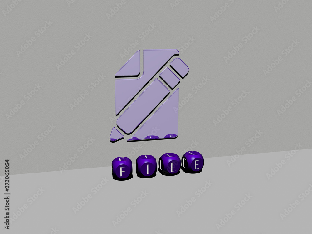 Poster 3d graphical image of file vertically along with text built by metallic cubic letters from the top p