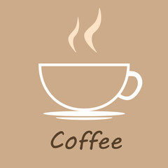 Cup of coffee on light brown background, coffe icon, coffee logo. Decoration for cafes, coffee houses. Vector illustration.