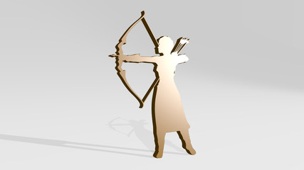 woman with bow and arrow 3D icon casting shadow, 3D illustration