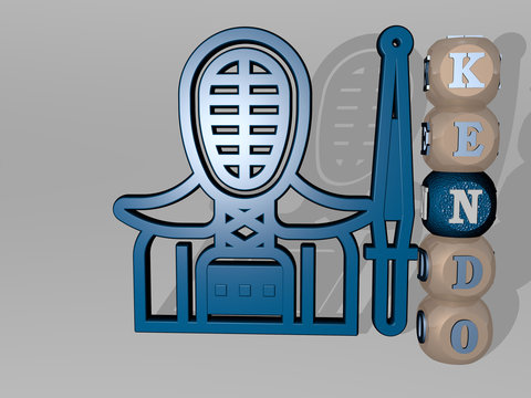 KENDO 3D icon beside the vertical text of individual letters, 3D illustration