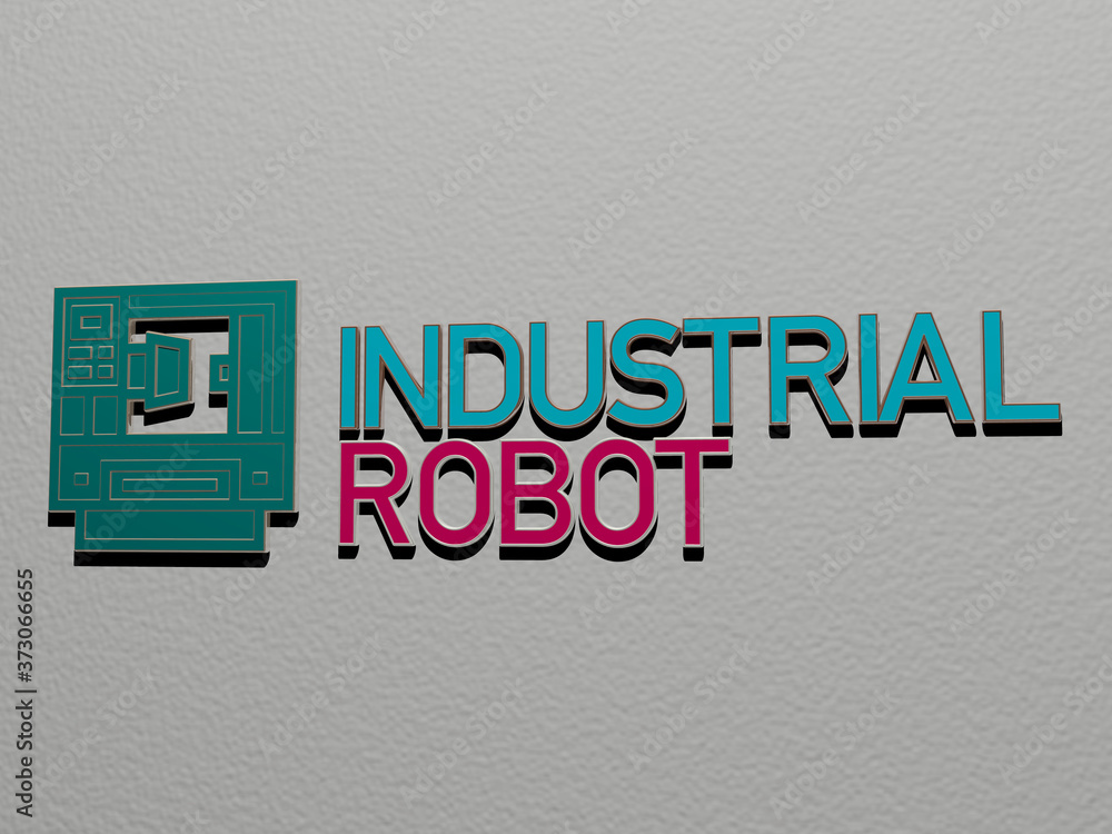 Poster 3d representation of industrial robot with icon on the wall and text arranged by metallic cubic lett